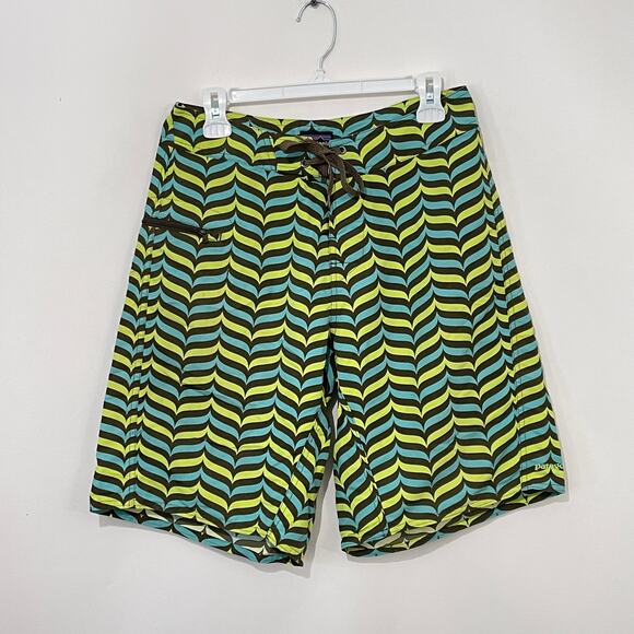 Patagonia Wavefarer Board Shorts Mens 30 Green Stripe Zip Pockets 10" Swim Trunk - Picture 1 of 9